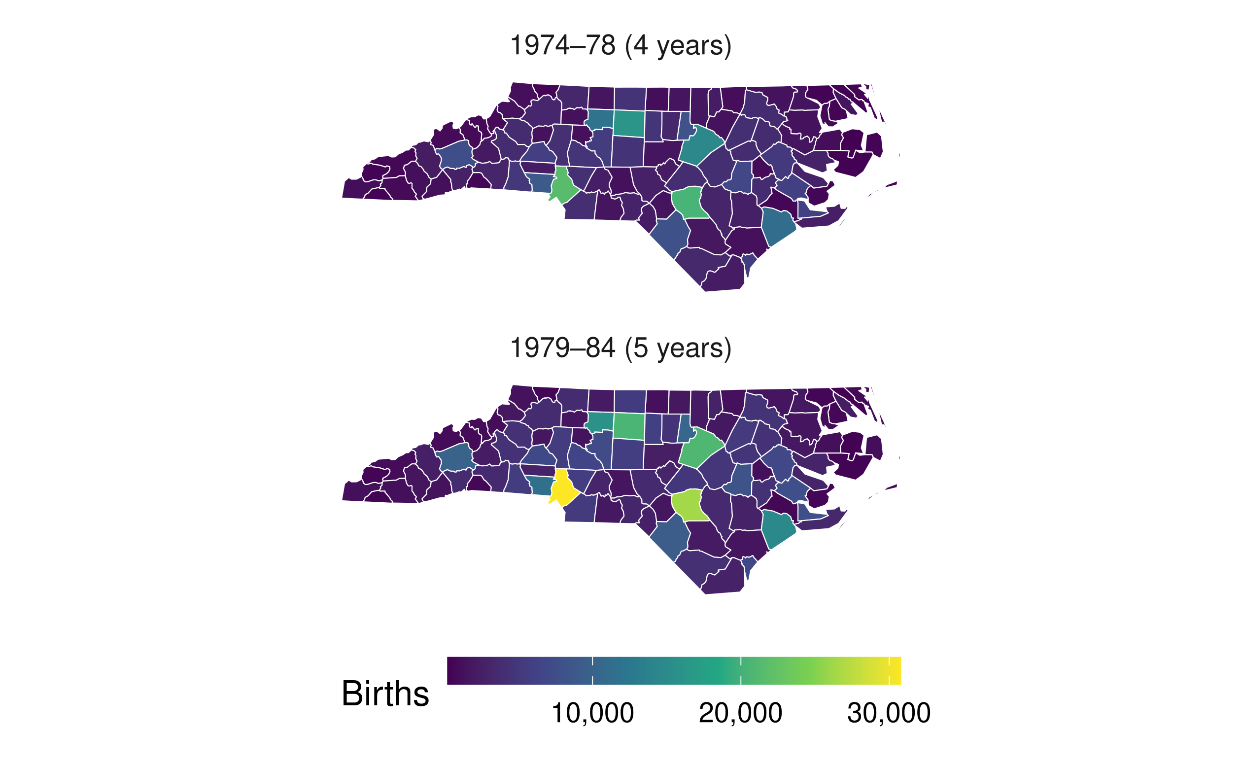 Two North Carolina county maps of birth totals, with a common colour scale. Facet labels show the unequal four-year and five-year reporting windows.
