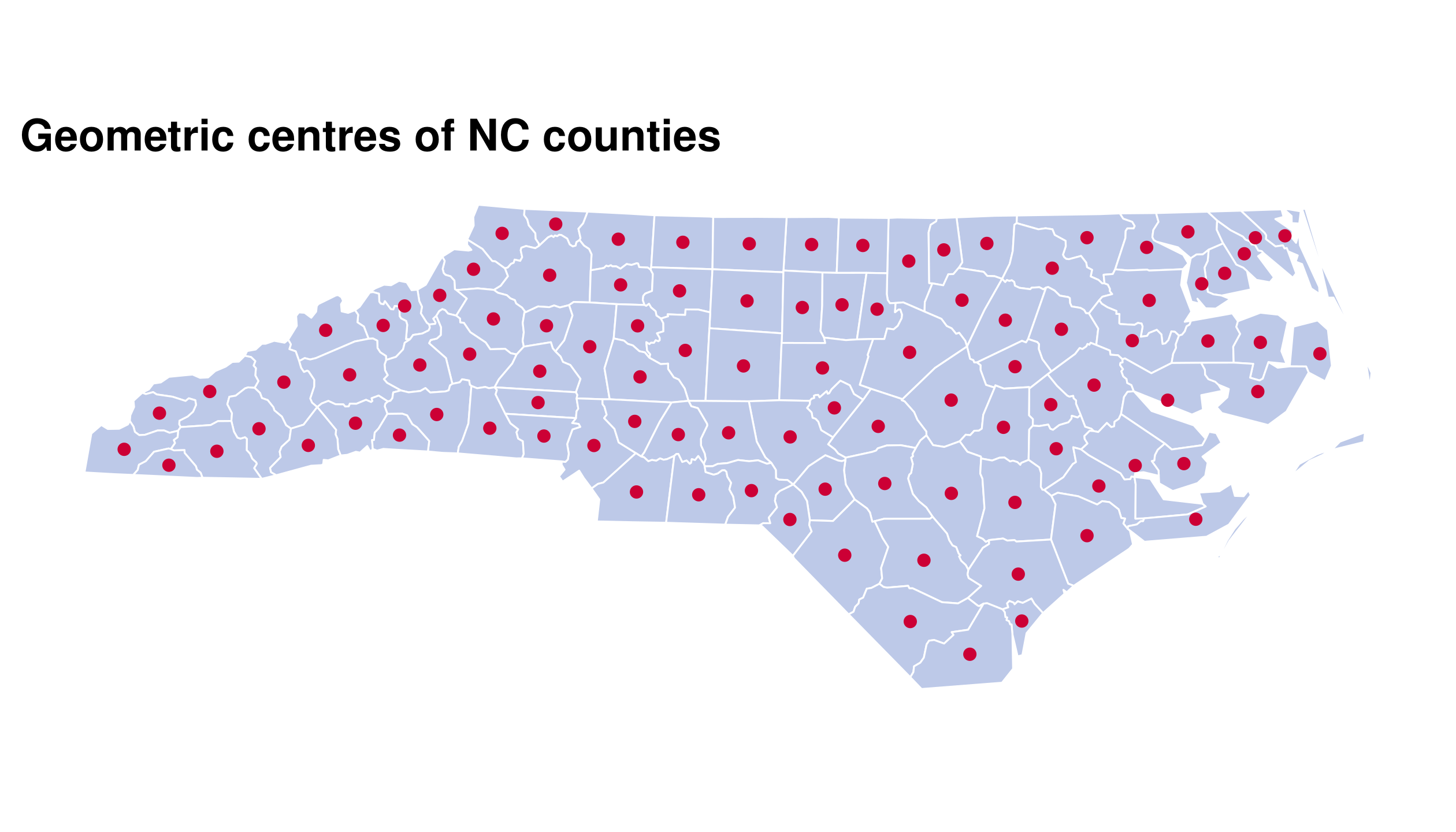 North Carolina counties shaded pale blue with their geometric centroids marked in red.
