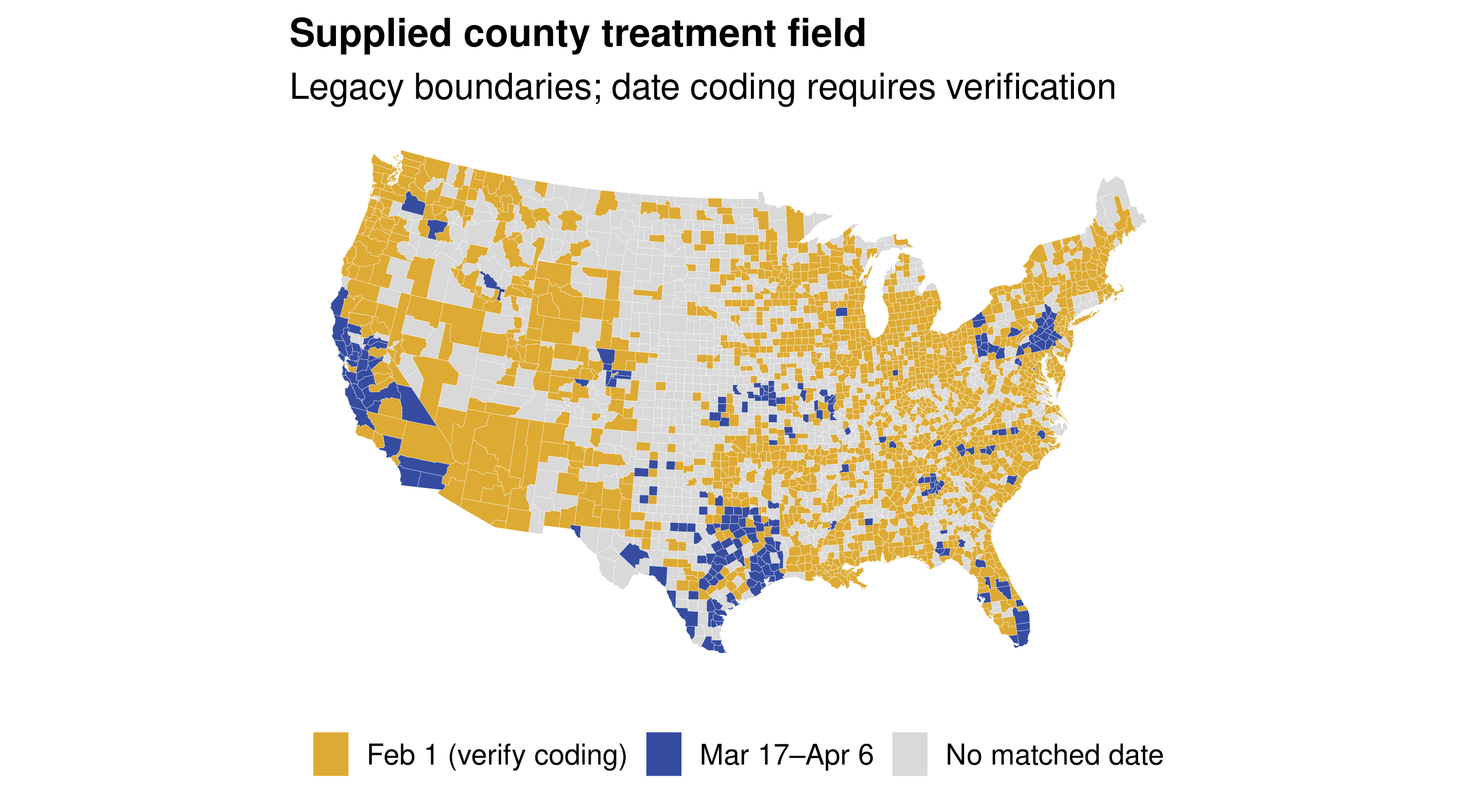 Contiguous U.S. legacy county map showing the supplied February 1 treatment category, March 17 to April 6 dates, and counties with no matched date in distinct colours.