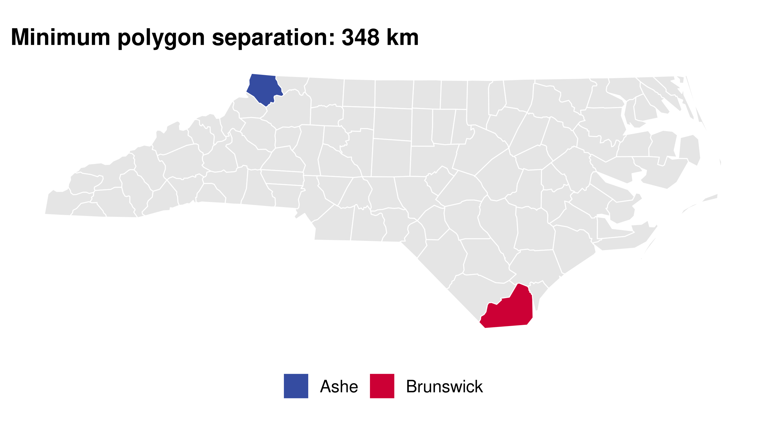 Ashe and Brunswick highlighted within North Carolina, illustrating a distance measured between entire polygons.