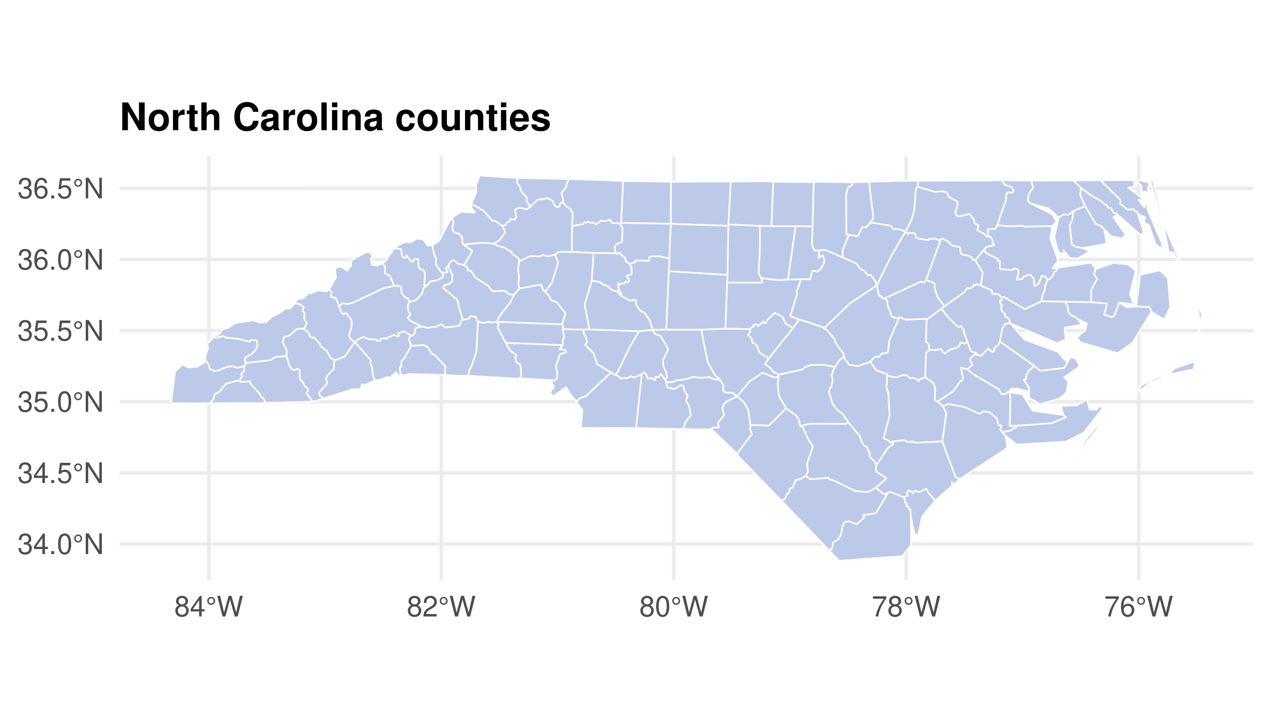 Map showing the boundaries of the 100 North Carolina counties.