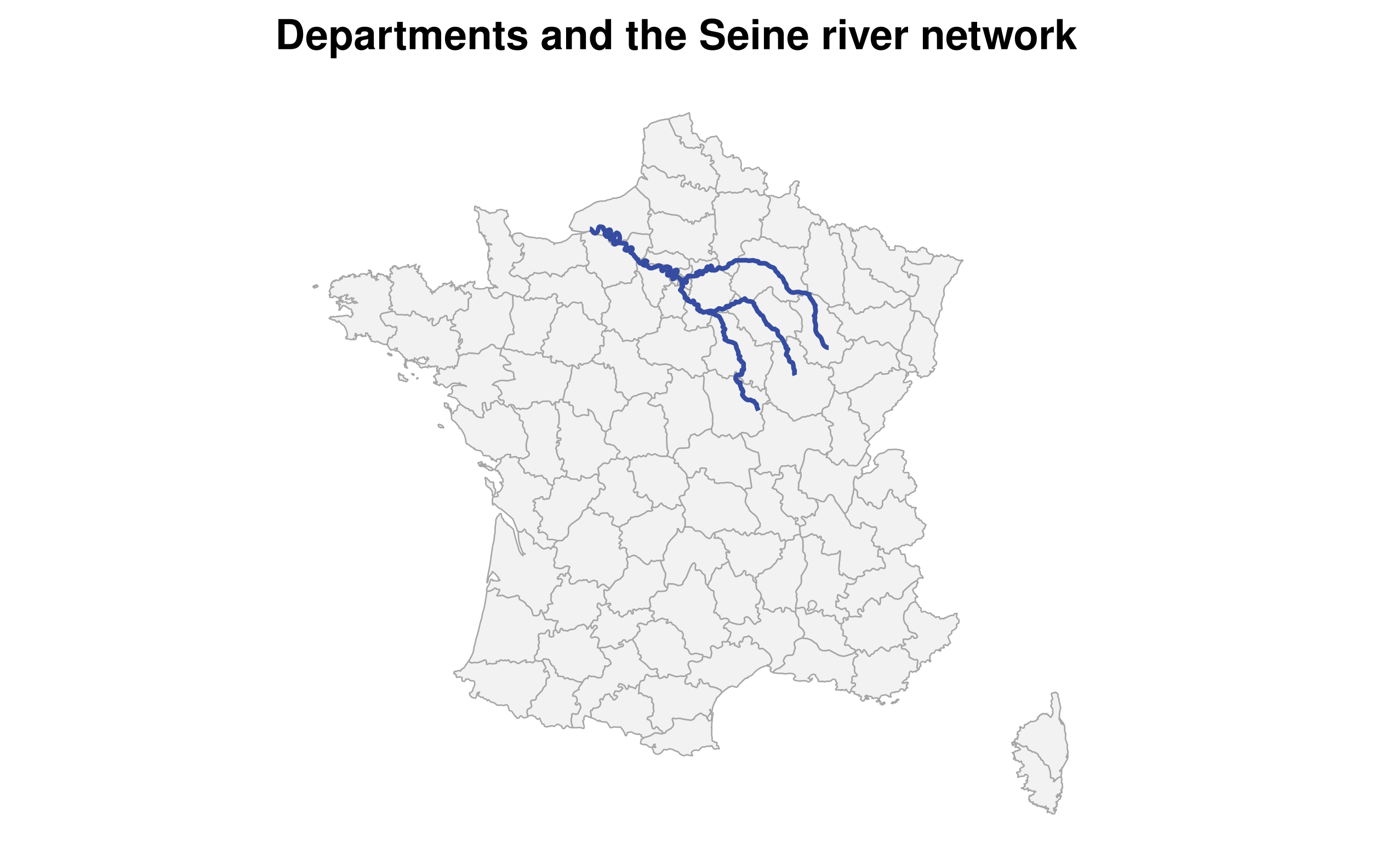 Historical French department boundaries with the Seine, Marne and Yonne river lines highlighted in blue.