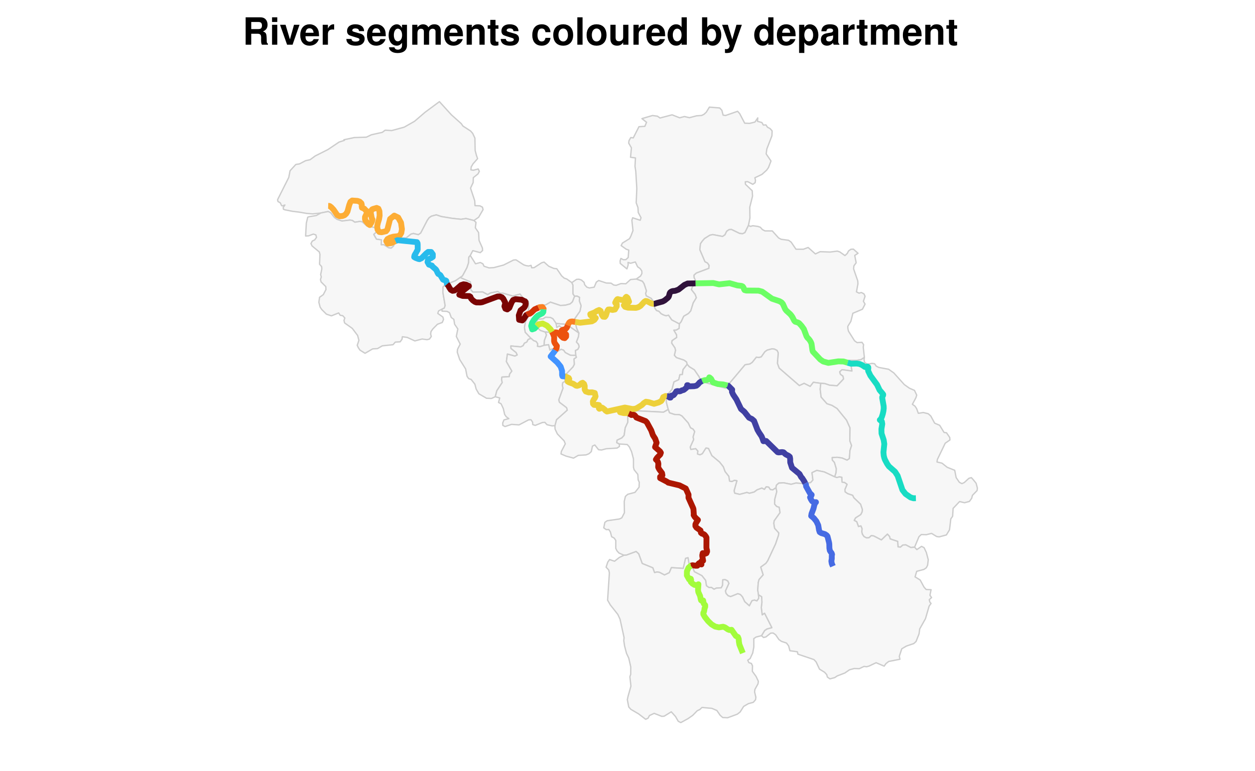 The Seine network split into coloured line segments at historical department boundaries; faint department outlines provide geographic context.