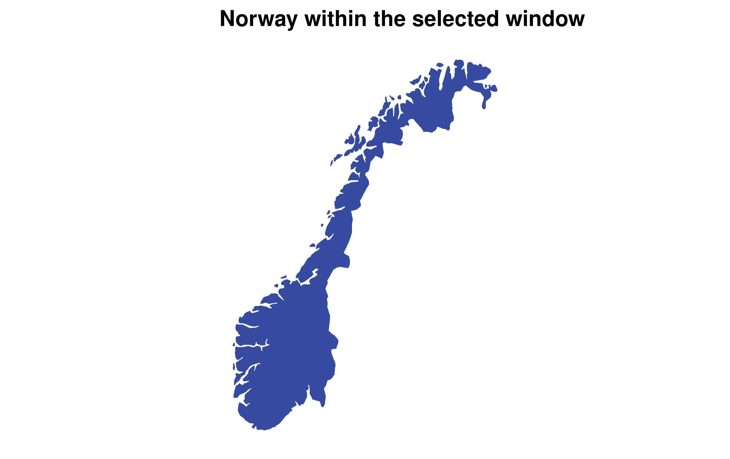 A mainland-focused map of Norway, cropped to the stated geographic bounds and shown in a Europe-centred equal-area projection.